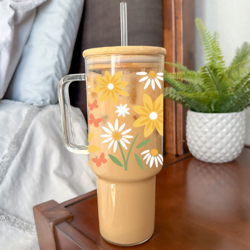 Summer Meadow | VINYL | 40 oz Clear Glass Tumbler with Bamboo Lid & Straw