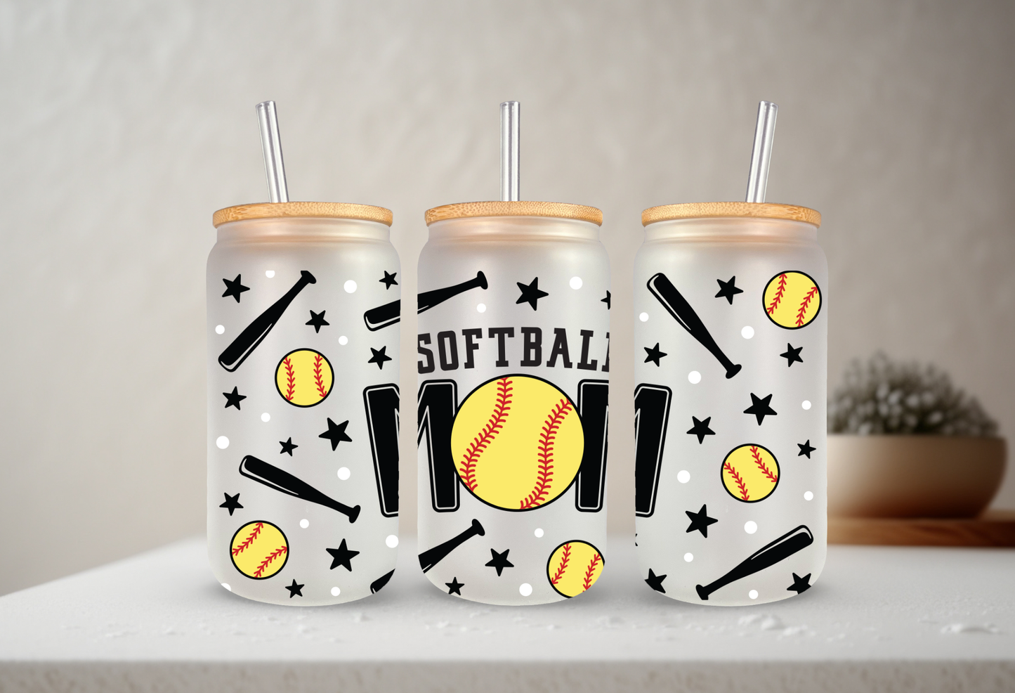 Softball Mom | VINYL | 20 oz Libbey Can Glass with Bamboo Lid & Straw