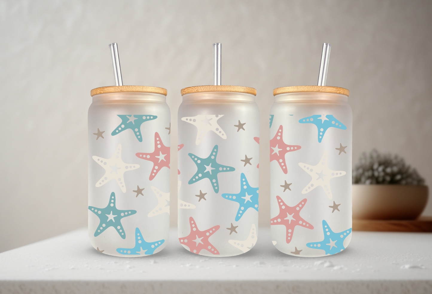 Starfish | VINYL | 20 oz Libbey Can Glass with Bamboo Lid & Straw