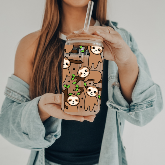 Sloths | UVDTF | 20 oz Libbey Can Glass with Bamboo Lid & Straw