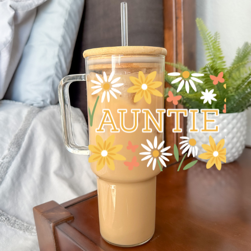 Summer Meadow - Auntie | VINYL | 40 oz Clear Glass Tumbler with Bamboo Lid & Straw