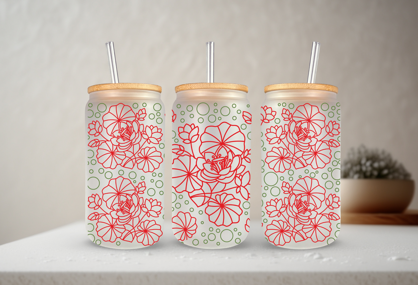 Artistic Flowers | VINYL | 20 oz Libbey Can Glass with Bamboo Lid & Straw