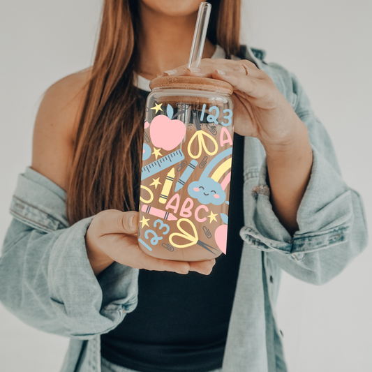 Teacher Rainbows | UVDTF | 20 oz Libbey Can Glass with Bamboo Lid & Straw