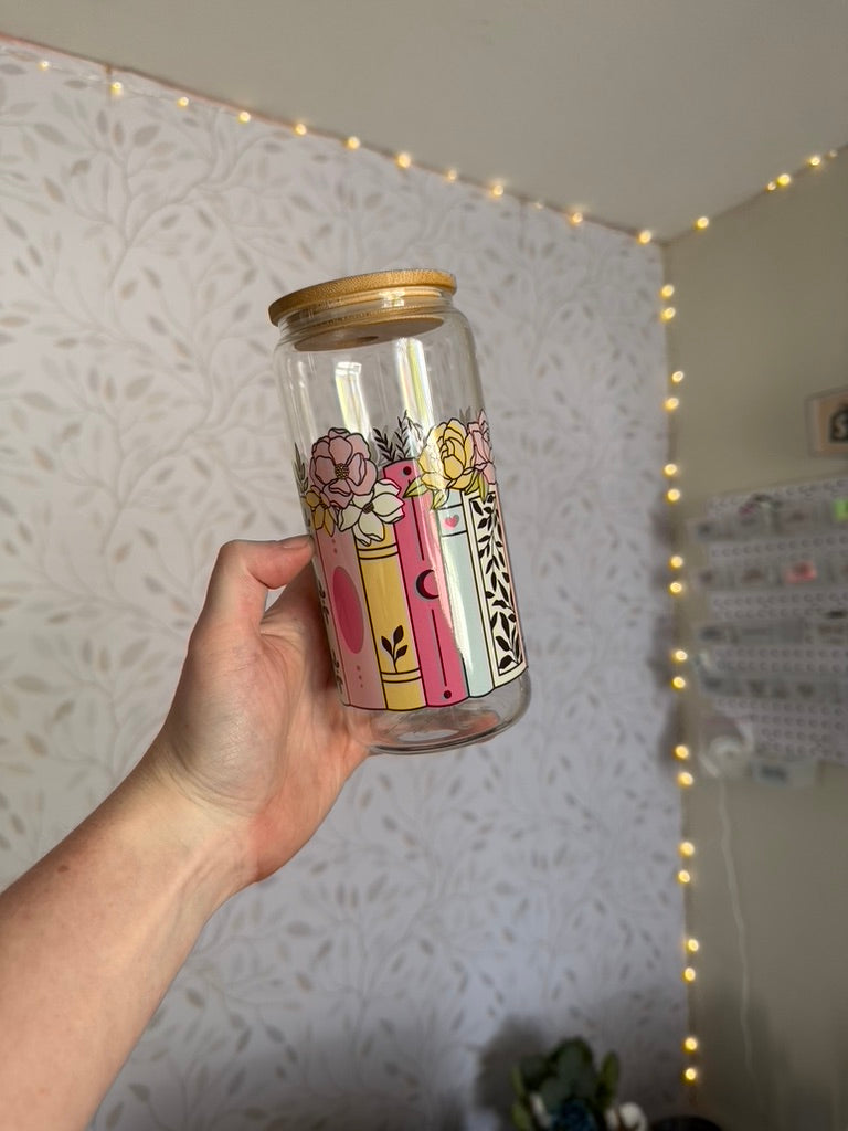 Floral Books - Color | UVDTF | 20 oz Libbey Can Glass with Bamboo Lid & Straw