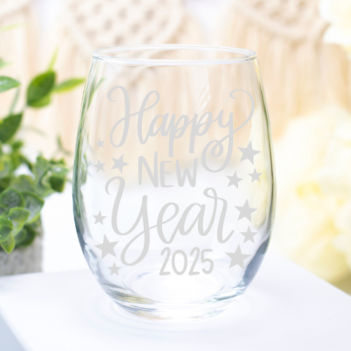 Happy New Year 2025 | ENGRAVED | 12oz Stemless Wine Glass