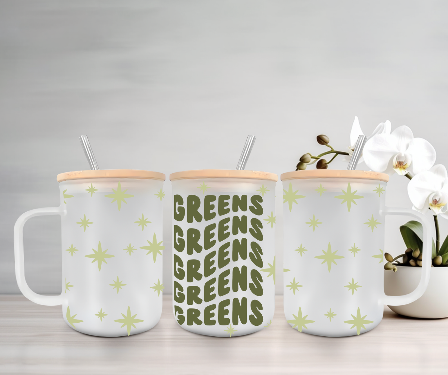 Greens | VINYL | 15oz Mug with Handle, Bamboo Lid & Straw