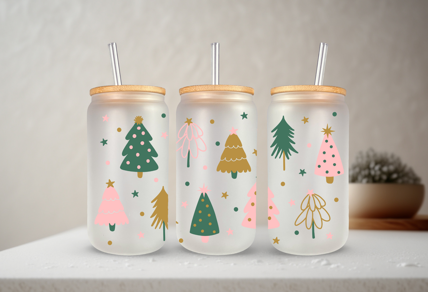 Boho Christmas Trees | VINYL | 20 oz Libbey Can Glass with Bamboo Lid & Straw