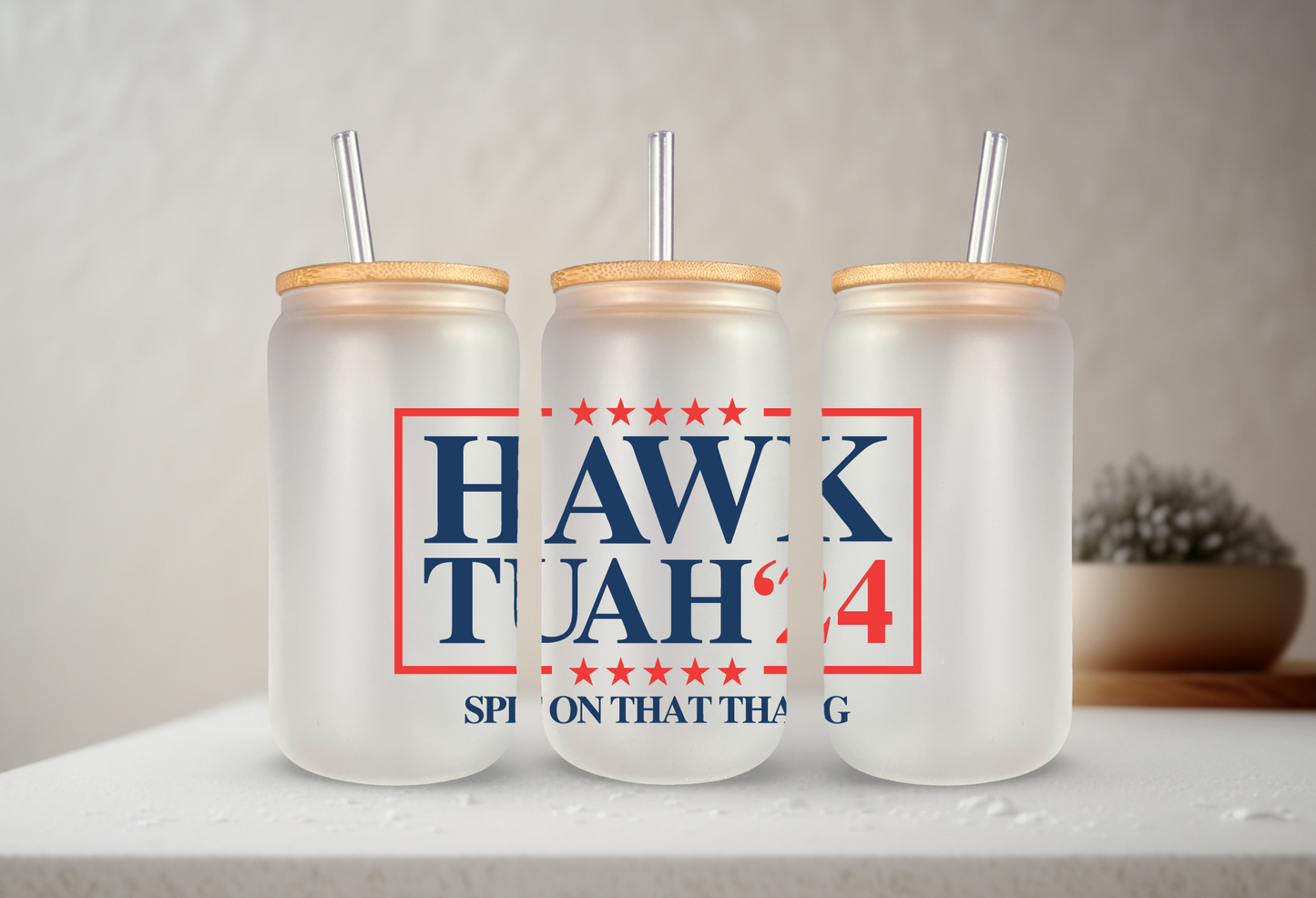 Hawk Tuah Patriotic | VINYL | 20 oz Libbey Can Glass with Bamboo Lid & Straw