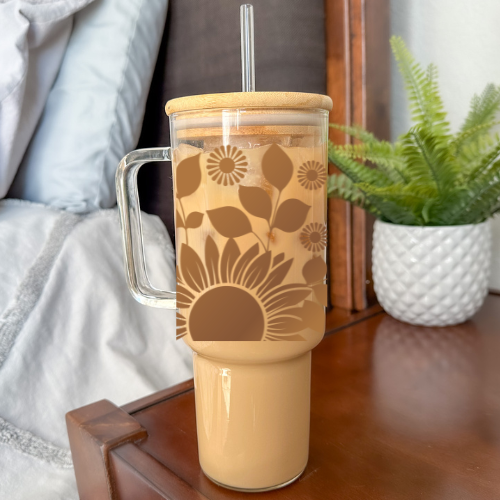 Sunflowers | VINYL | 40 oz Clear Glass Tumbler with Bamboo Lid & Straw