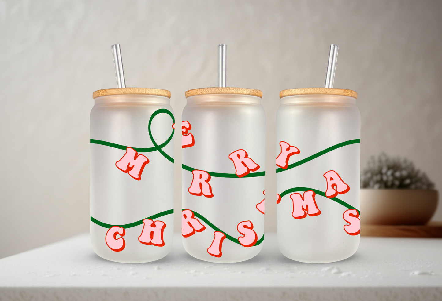 Christmas Ribbon | VINYL | 20 oz Libbey Can Glass with Bamboo Lid & Straw