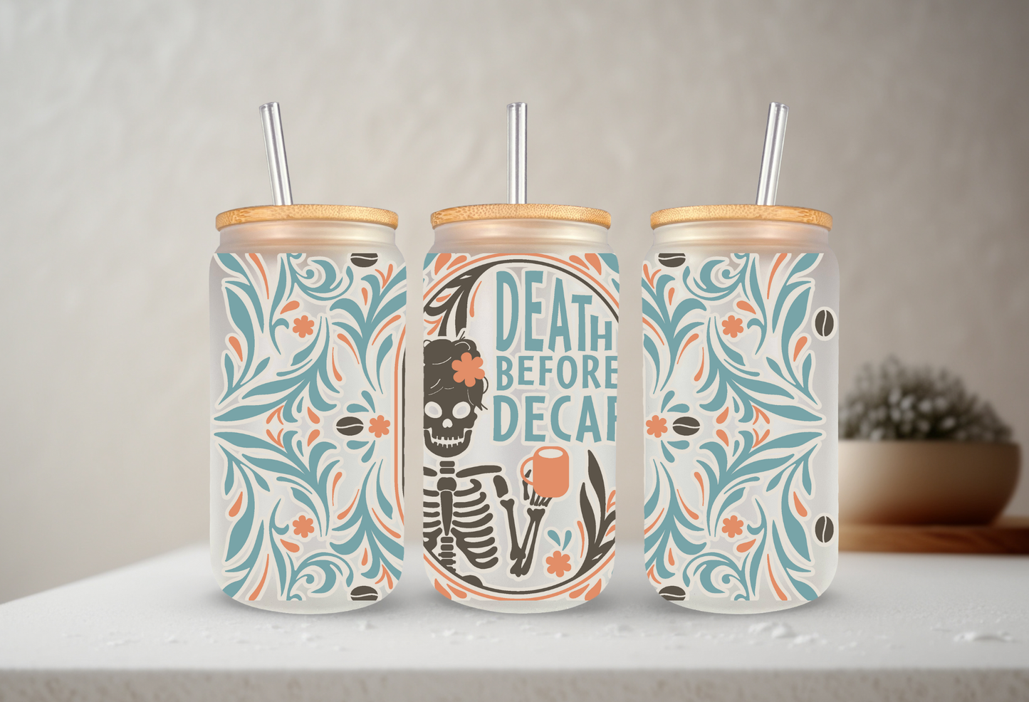 Death Before Decaf | VINYL | 20 oz Libbey Can Glass with Bamboo Lid & Straw