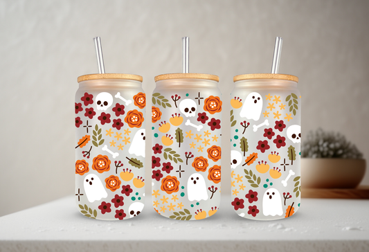 Floral Halloween | VINYL | 20 oz Libbey Can Glass with Bamboo Lid & Straw