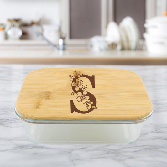 Floral Monogram | ENGRAVED | 36oz Glass Food Storage Container with Bamboo Lid