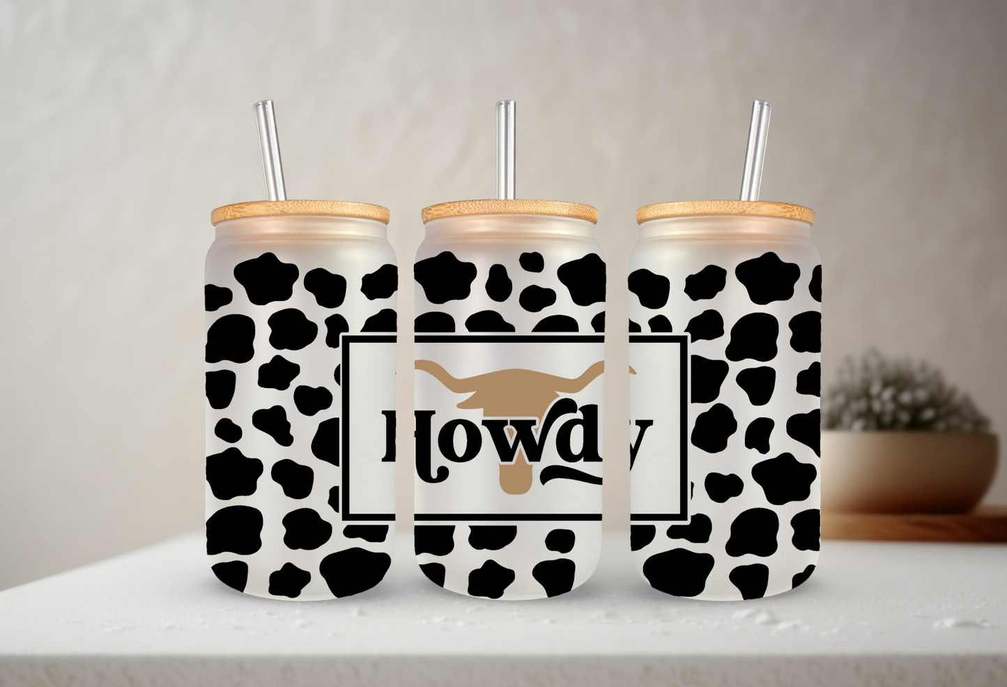 Howdy Cow Print | VINYL | 20 oz Libbey Can Glass with Bamboo Lid & Straw