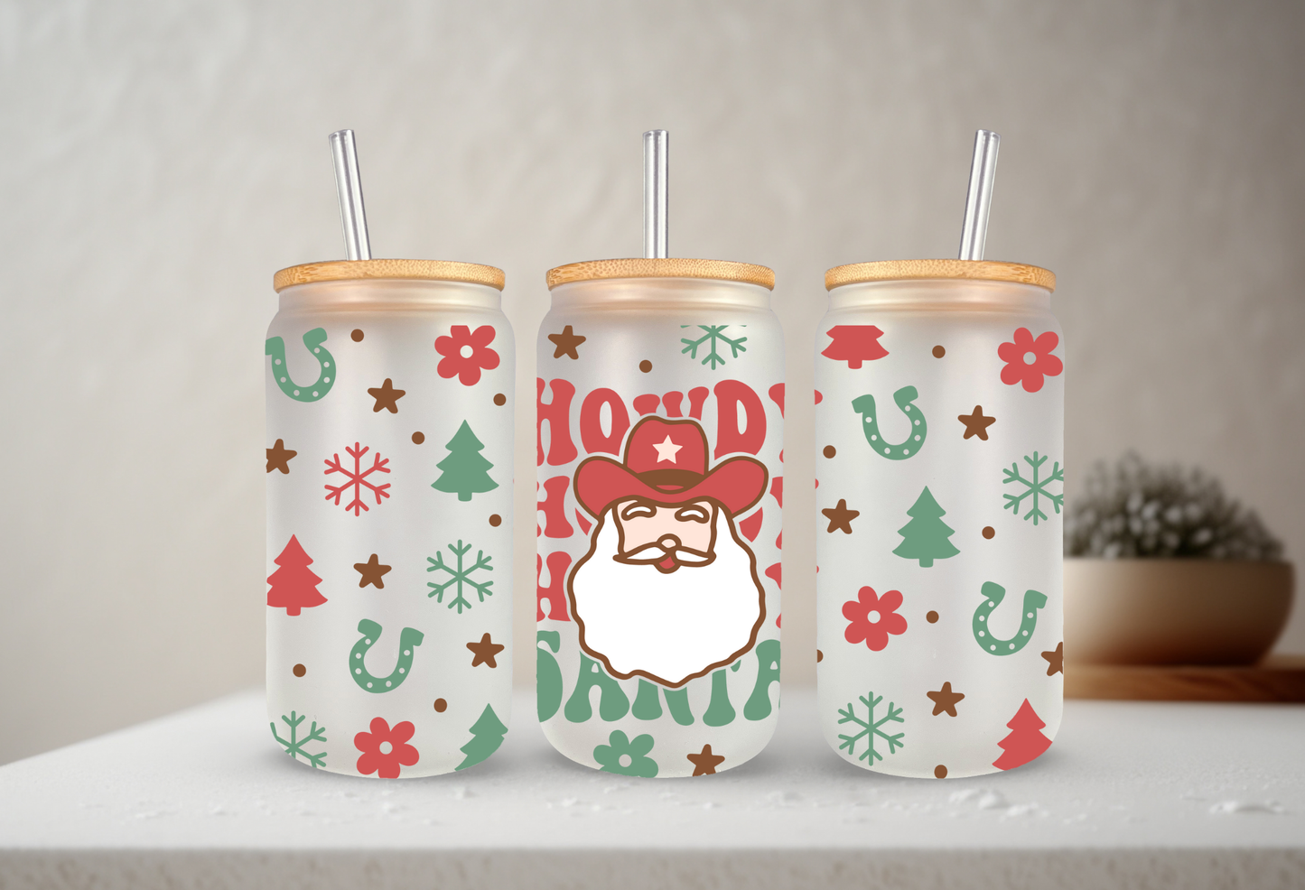 Howdy Santa | VINYL | 20 oz Libbey Can Glass with Bamboo Lid & Straw