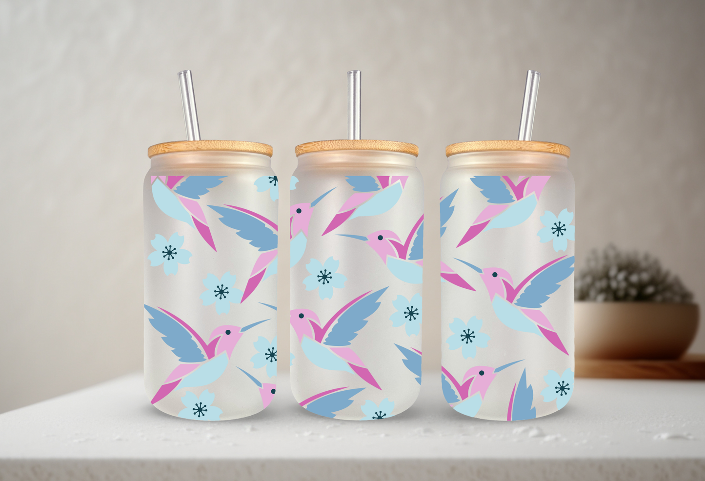 Hummingbirds | VINYL | 20 oz Libbey Can Glass with Bamboo Lid & Straw