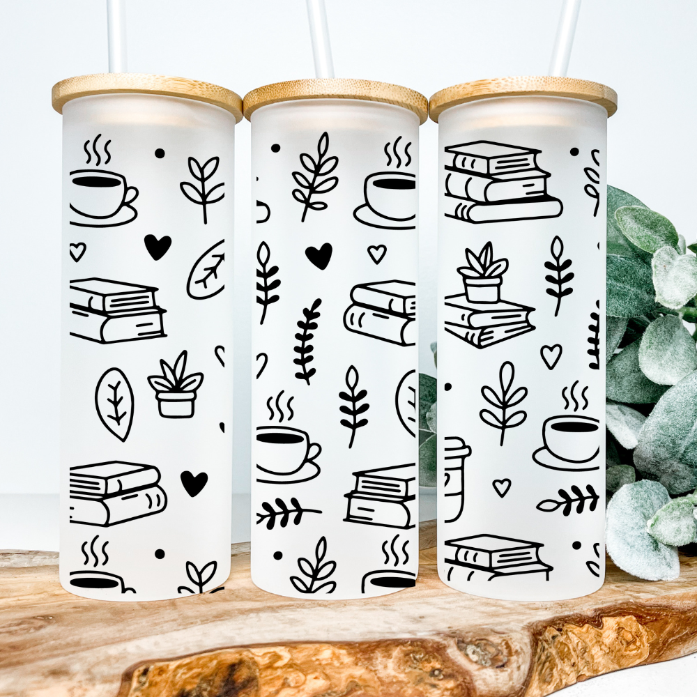 Books & Coffee | UVDTF | 25oz Skinny Glass Tumbler
