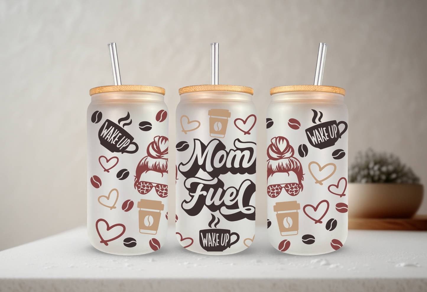 Mom Fuel - Coffee | VINYL | 20 oz Libbey Can Glass with Bamboo Lid & Straw