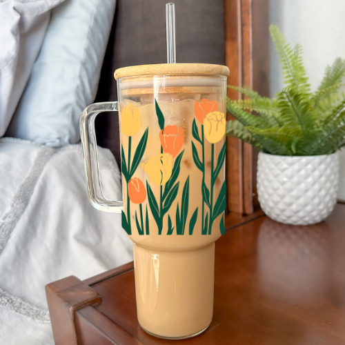 Tulips | VINYL | 40 oz Clear Glass Tumbler with Bamboo Lid & Straw