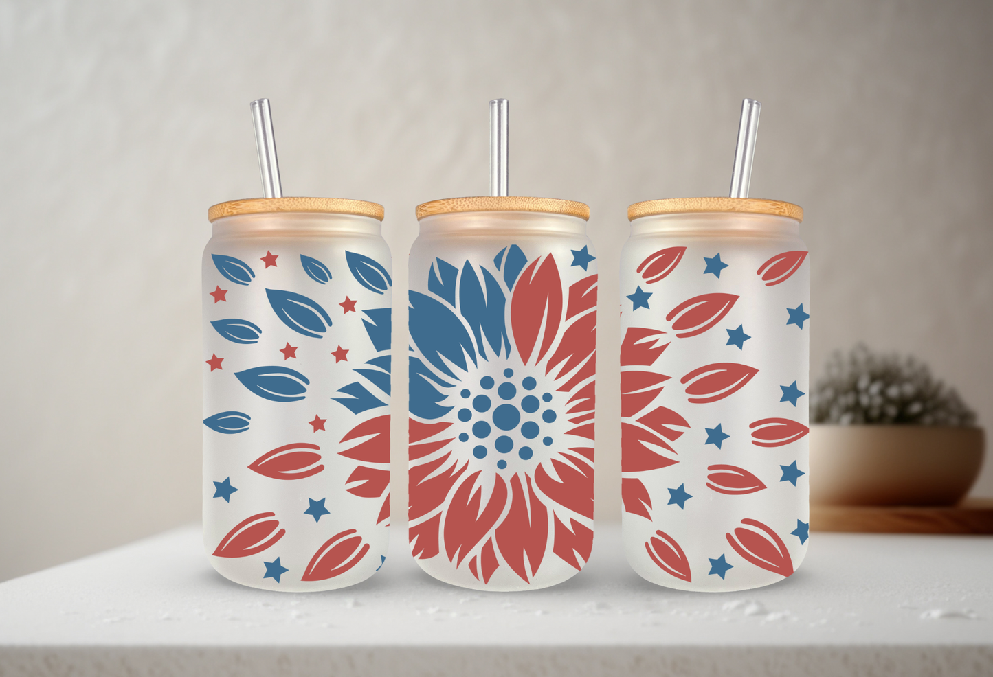 Patriotic Sunflower | VINYL | 20 oz Libbey Can Glass with Bamboo Lid & Straw