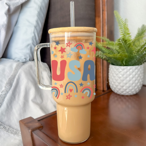 USA Rainbow | VINYL | 40 oz Clear Glass Tumbler with Bamboo Lid & Straw