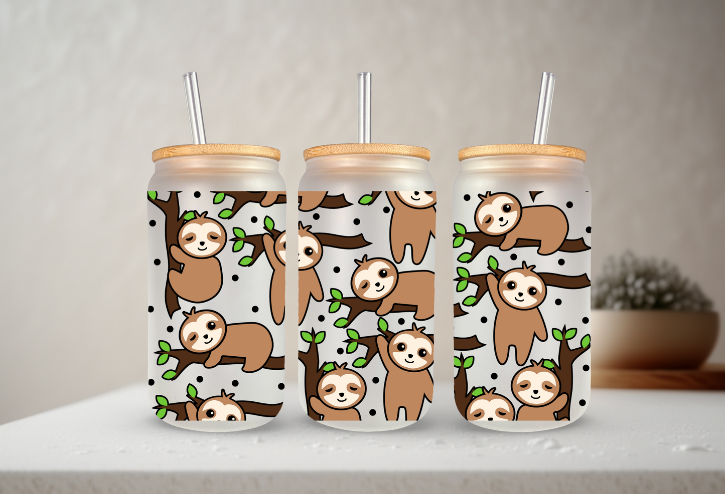 Sloths | VINYL | 20 oz Libbey Can Glass with Bamboo Lid & Straw