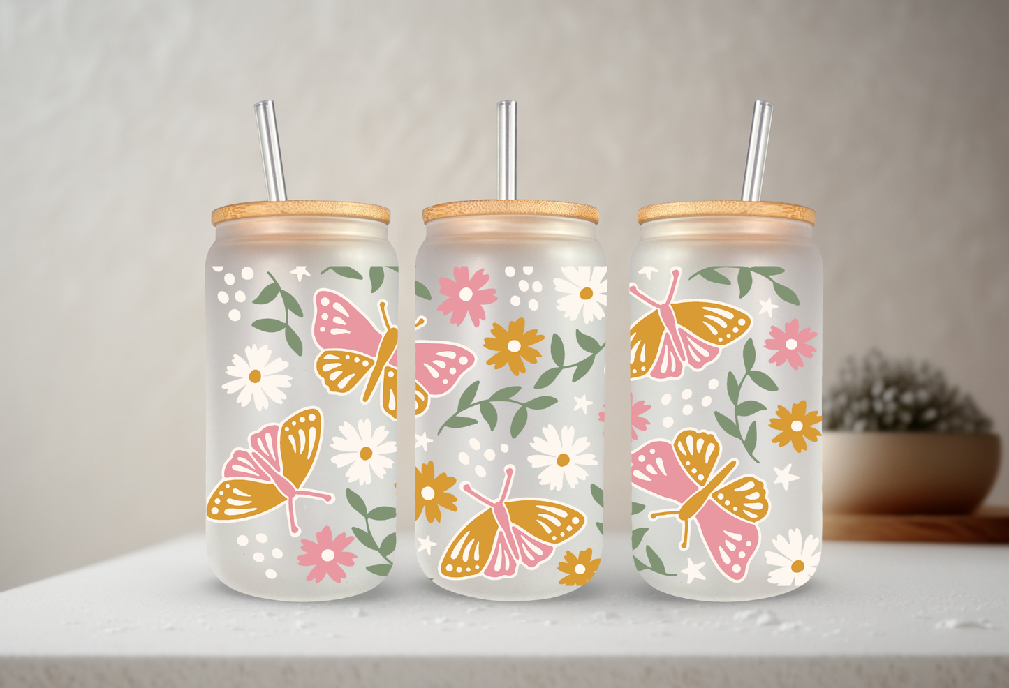 Spring Butterfly | VINYL | 20 oz Libbey Can Glass with Bamboo Lid & Straw