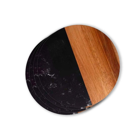 Set of 4 Black Marble and Acacia Wood 4" Round Coasters
