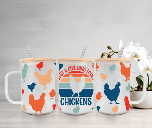 Just A Girl Who Loves Chickens | UVDTF | 15oz Mug with Handle, Bamboo Lid & Straw