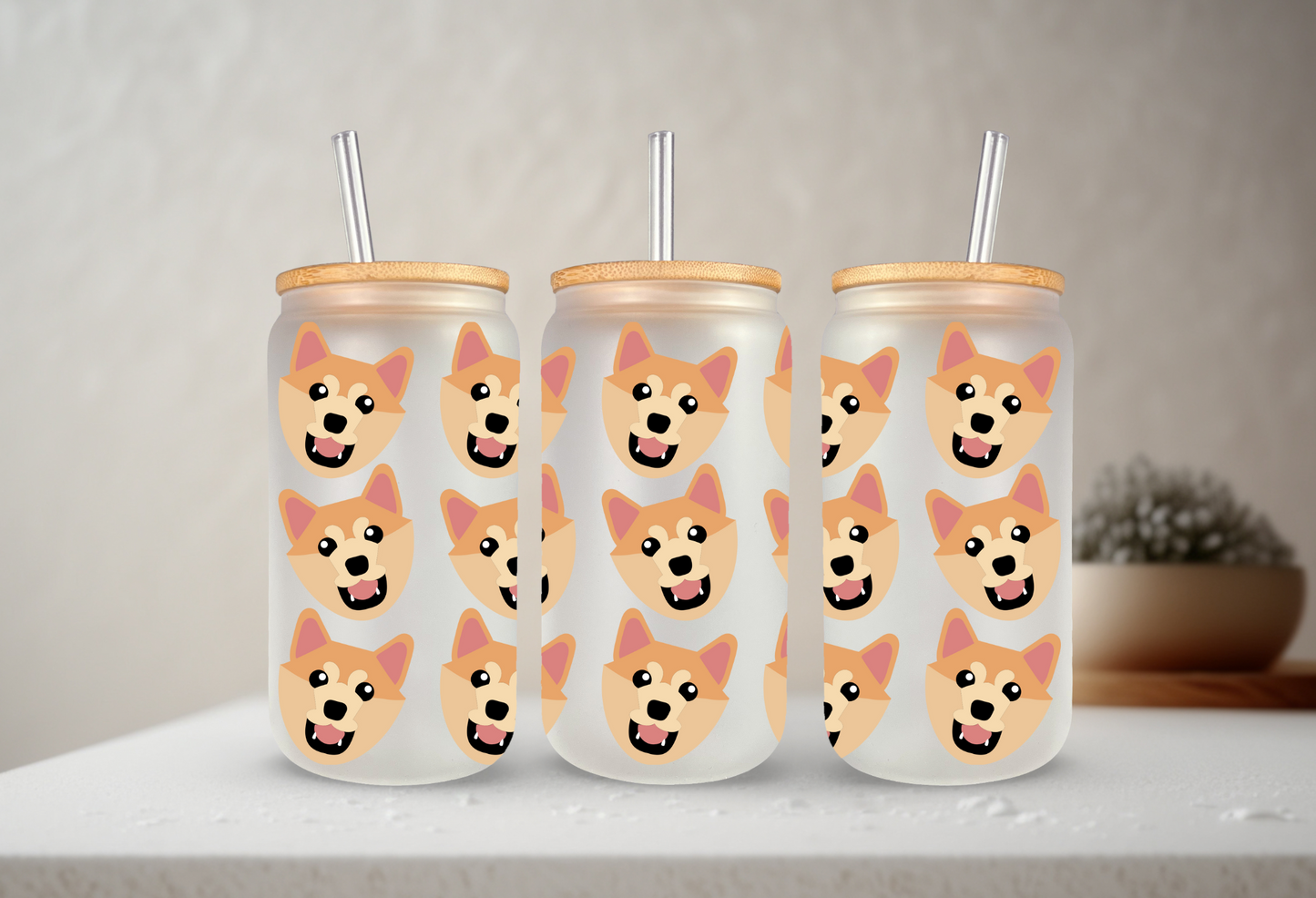 Shiba Inu | VINYL | 20 oz Libbey Can Glass with Bamboo Lid & Straw