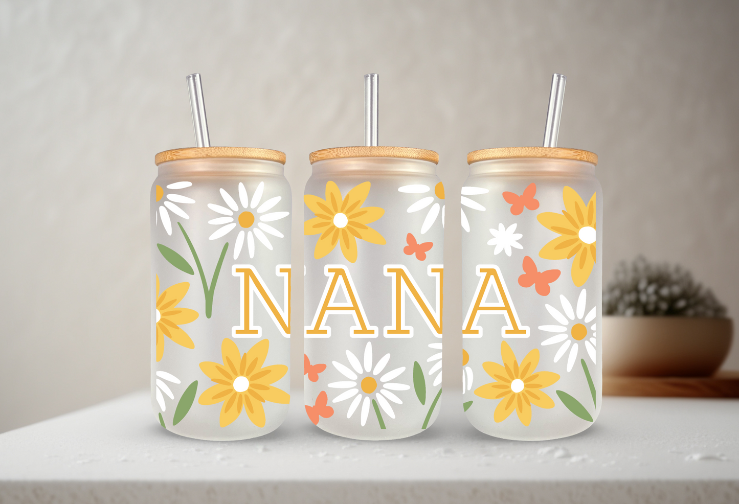 Summer Meadow - Nana | VINYL | 20 oz Libbey Can Glass with Bamboo Lid & Straw