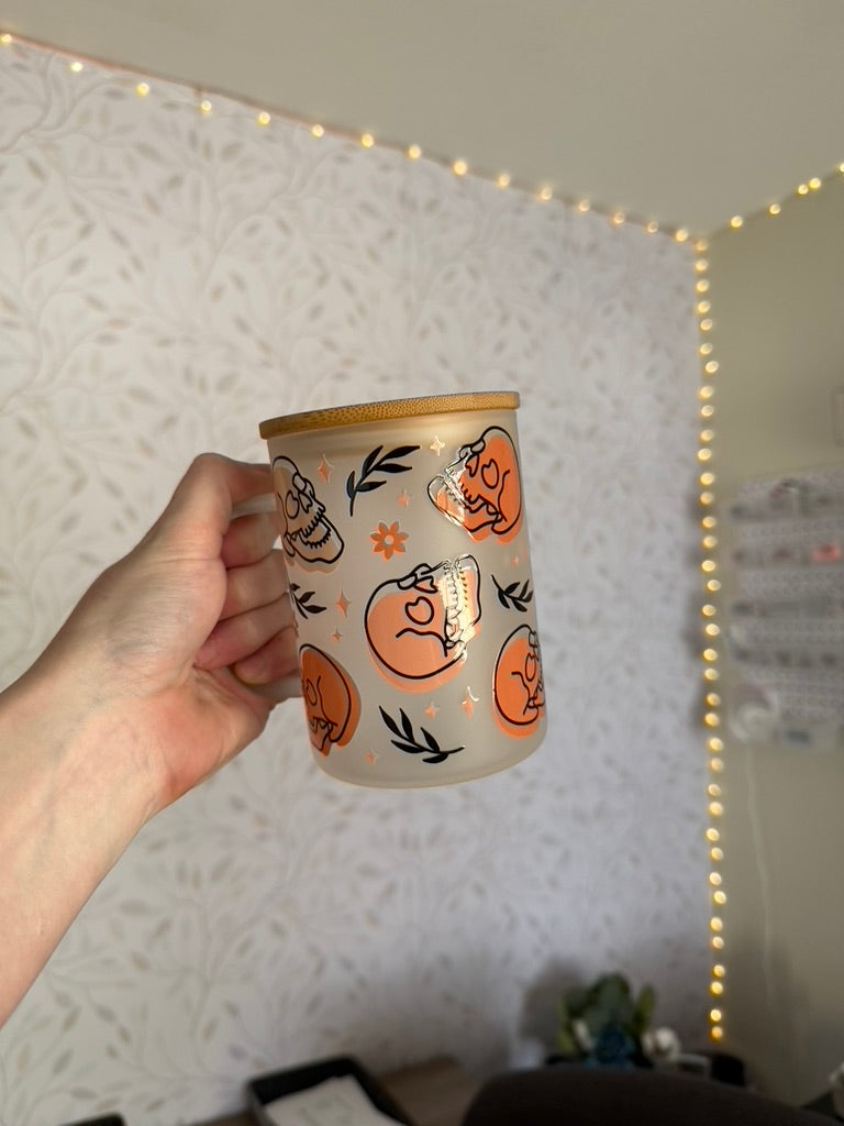 Boho Skulls | UVDTF | 15oz Mug with Handle, Bamboo Lid & Straw
