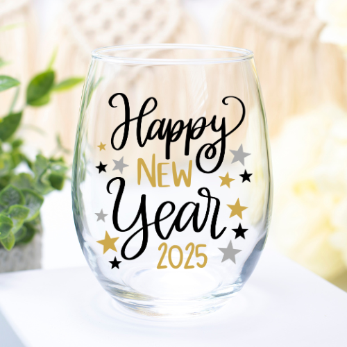 Happy New Year 2025 | VINYL | 12oz Stemless Wine Glass