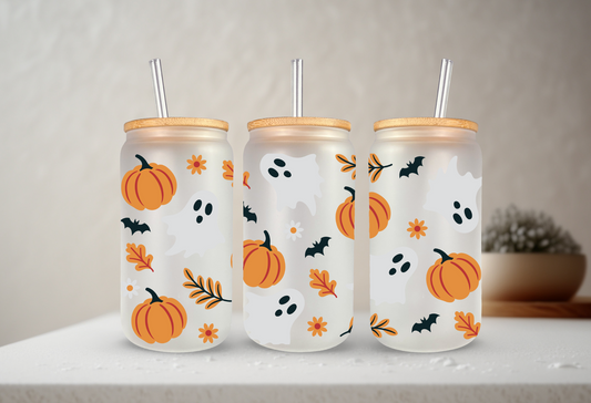 Pumpkin Ghosts | VINYL | 20 oz Libbey Can Glass with Bamboo Lid & Straw