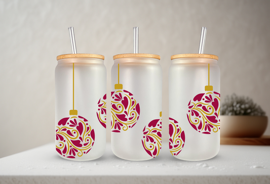 Festive Ornaments | VINYL | 20 oz Libbey Can Glass with Bamboo Lid & Straw