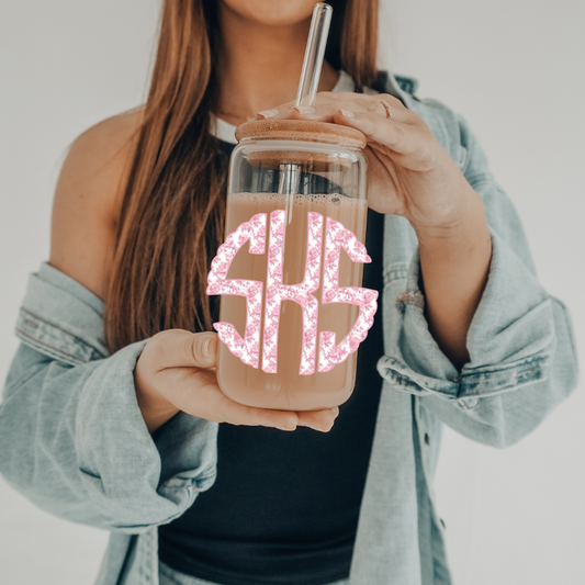 Pink Chinoiserie Monogram | UVDTF | 20 oz Libbey Can Glass with Bamboo Lid & Straw