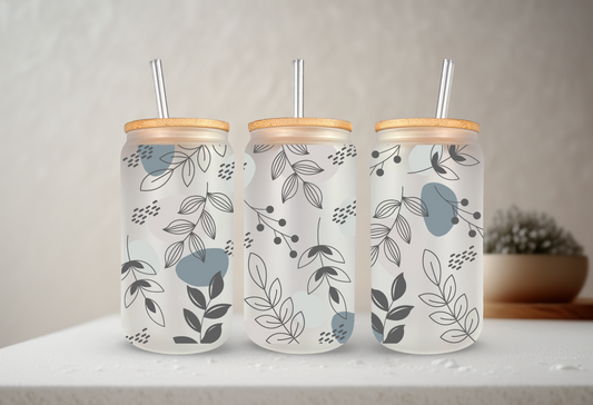 Boho Floral Line Art | VINYL | 20 oz Libbey Can Glass with Bamboo Lid & Straw