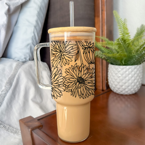 Chrysanthemums | VINYL | 40 oz Clear Glass Tumbler with Bamboo Lid & Straw