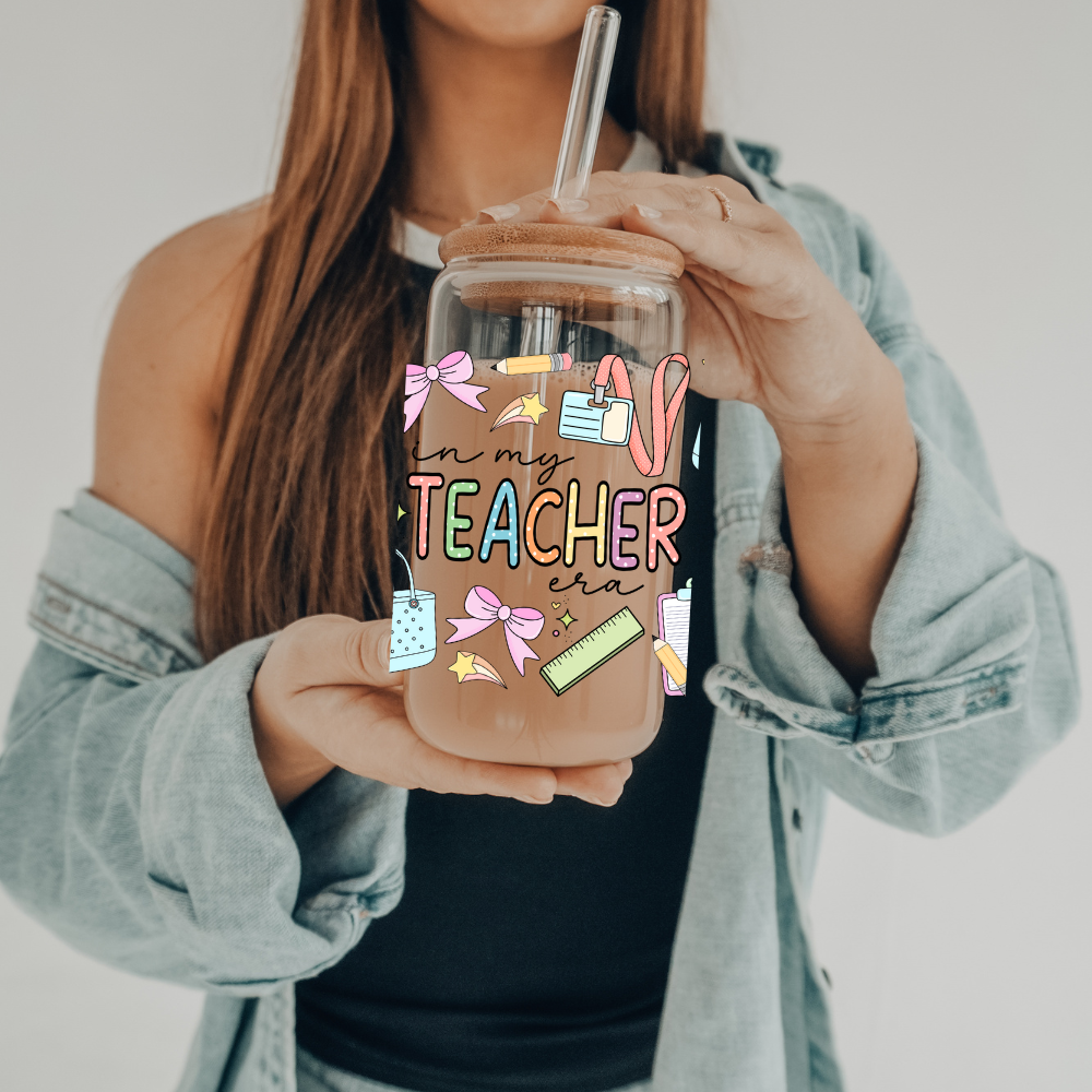 In My Teacher Era | UVDTF | 20 oz Libbey Can Glass with Bamboo Lid & Straw