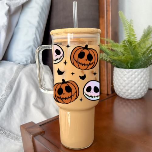 Pumpkin Jack | VINYL | 40 oz Clear Glass Tumbler with Bamboo Lid & Straw