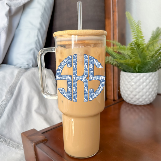 Blue Chinoiserie Monogram | UVDTF | 40 oz Glass Tumbler with Bamboo Lid & Straw
