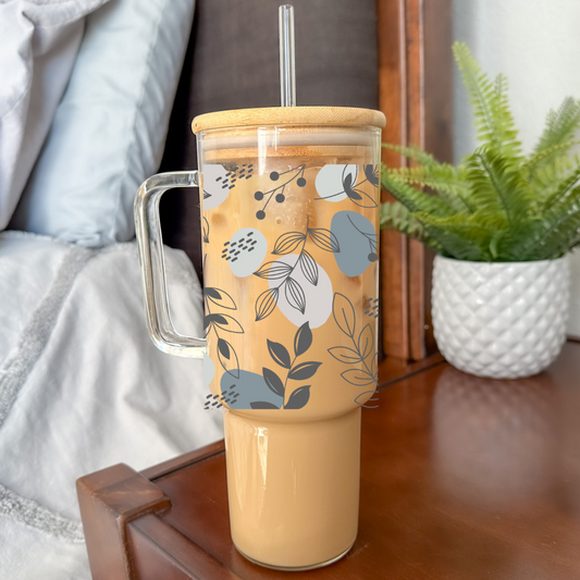Boho Floral Line Art | UVDTF | 40 oz Glass Tumbler with Bamboo Lid & Straw