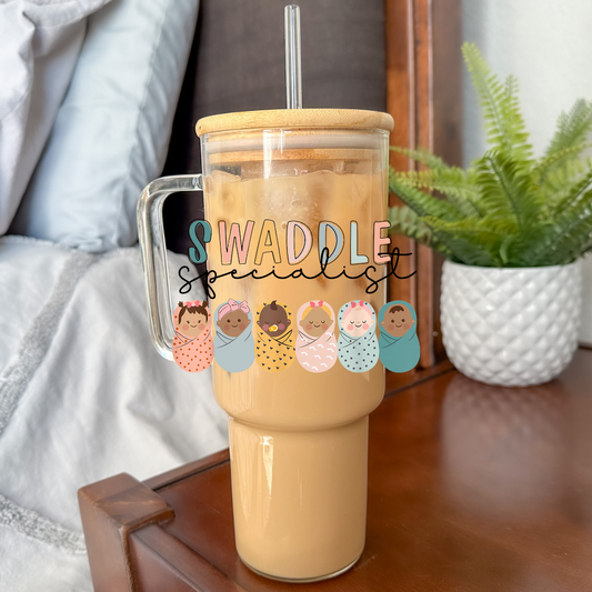 Swaddle Specialist | UVDTF | 40 oz Glass Tumbler with Bamboo Lid & Straw