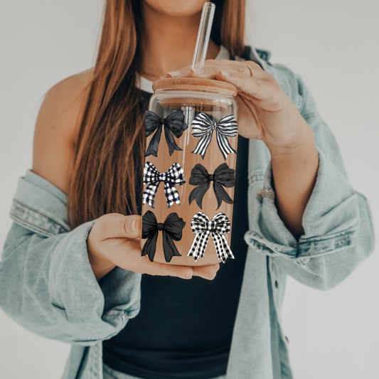 Black Check Coquette | UVDTF | 20 oz Libbey Can Glass with Bamboo Lid & Straw