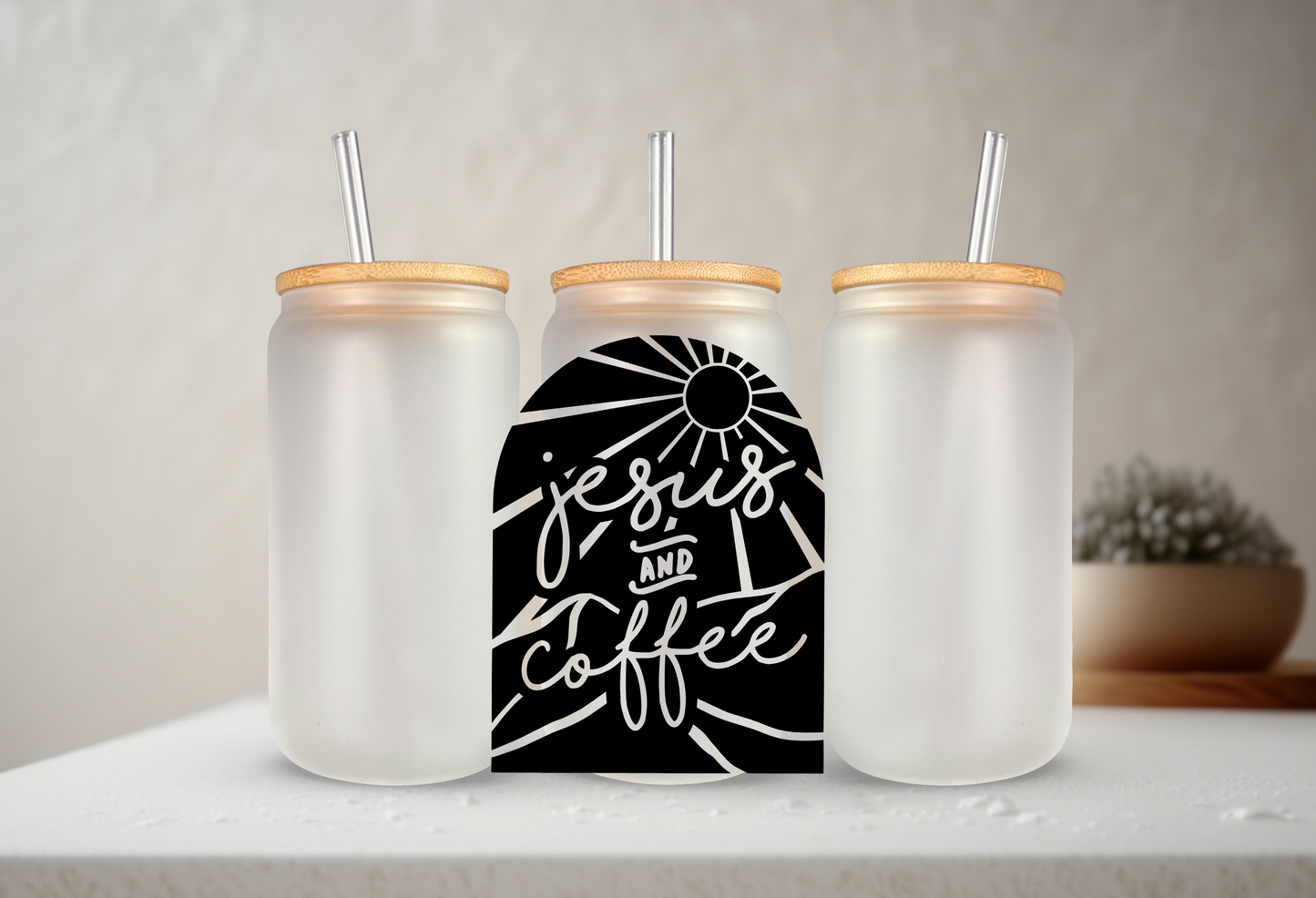 Jesus & Coffee | VINYL | 20 oz Libbey Can Glass with Bamboo Lid & Straw