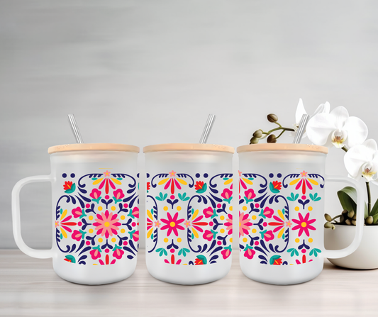 Mexican Floral | UVDTF | 15oz Mug with Handle, Bamboo Lid & Straw