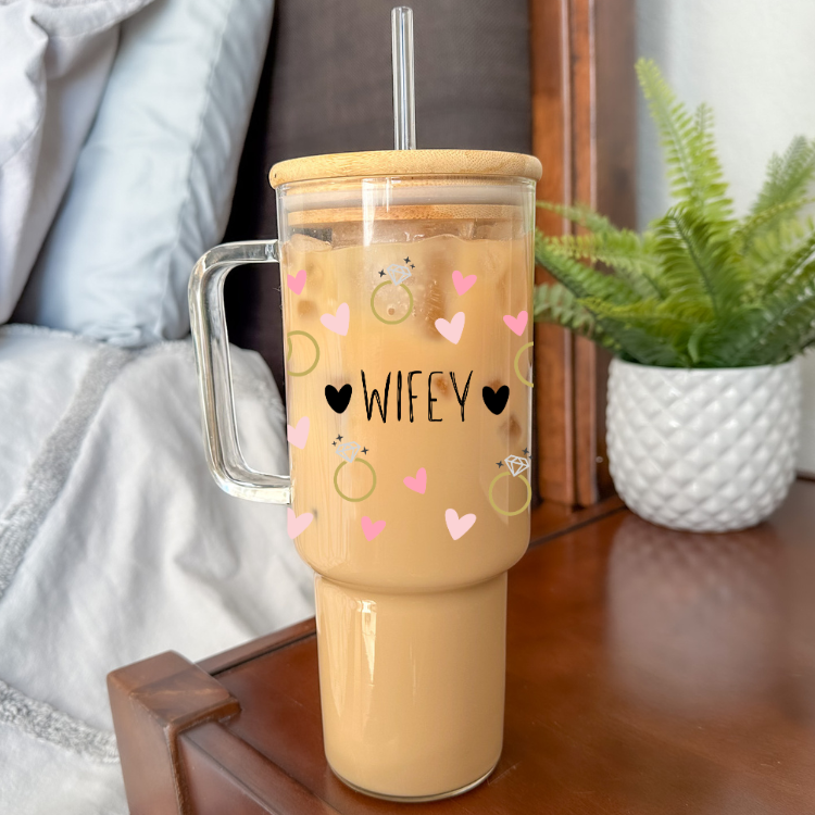 Bride Squad (Bride, Wifey, Flower Girl, Maid of Honor, Bride Squad) | VINYL | 40 oz Clear Glass Tumbler with Bamboo Lid & Straw