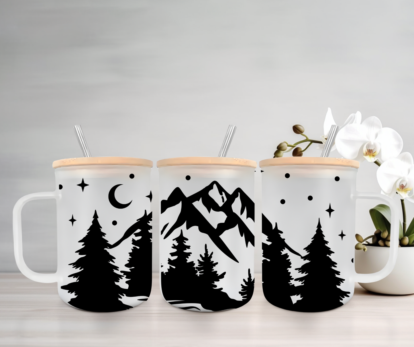 Mountains | UVDTF | 15oz Mug with Handle, Bamboo Lid & Straw