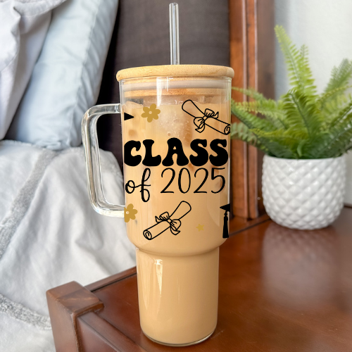 Class of 2025 | VINYL | 40 oz Clear Glass Tumbler with Bamboo Lid & Straw