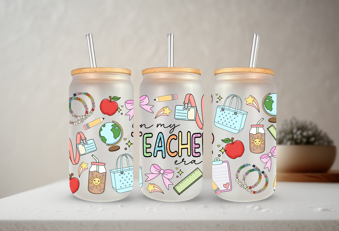 In My Teacher Era | UVDTF | 20 oz Libbey Can Glass with Bamboo Lid & Straw